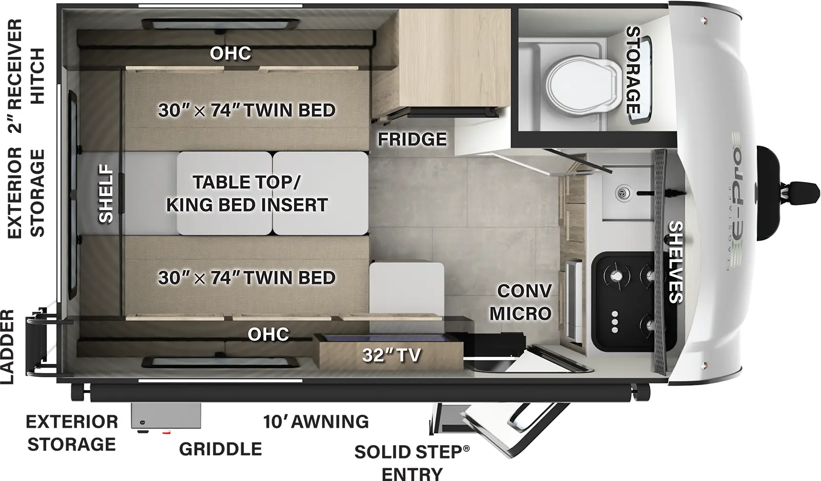 The Flagstaff E-Pro E15TB has one entry and zero slide outs. Exterior features include: fiberglass exterior and 10' awning. Interiors features include: front kitchen.